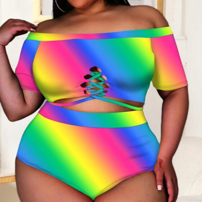Sexy Print Hollowed Out Backless Off the Shoulder Plus Size Swimwear