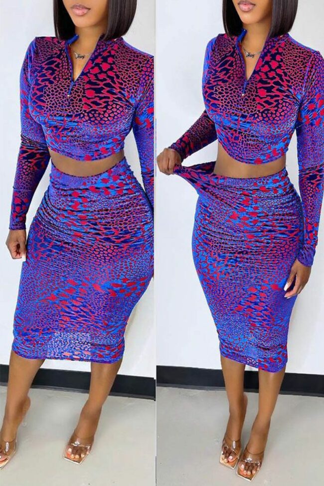Sexy Print Split Joint Zipper Collar Long Sleeve Two Pieces