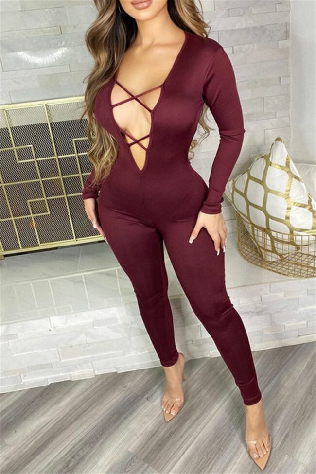 Sexy Casual Solid Hollowed Out Backless V Neck Skinny Jumpsuits