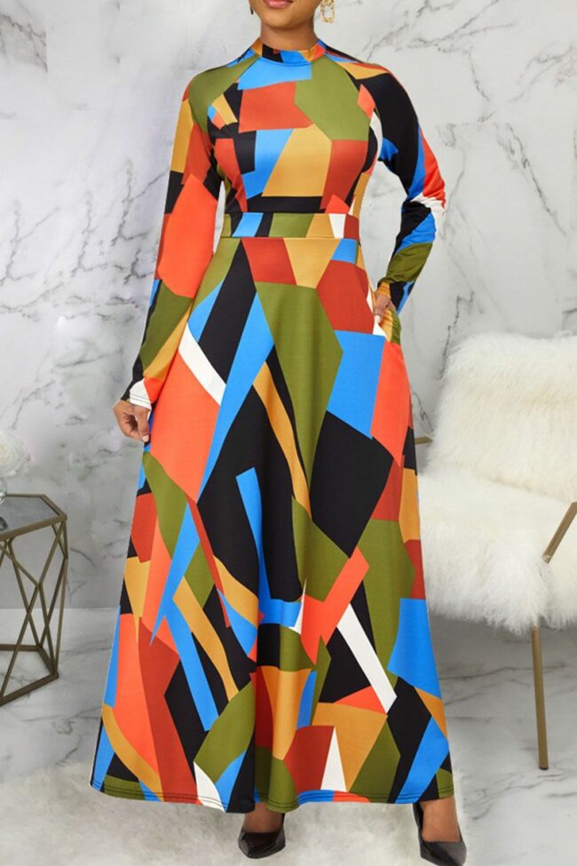 Casual Elegant Color Lump Print Split Joint O Neck A Line Dresses