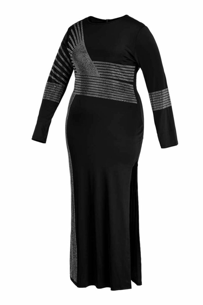 Fashion Sexy Patchwork Hot Drilling Slit O Neck Long Sleeve Plus Size Dresses