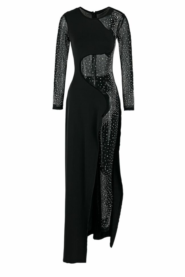 Fashion Sexy Patchwork Hot Drilling See-through Asymmetrical O Neck Skinny Jumpsuits