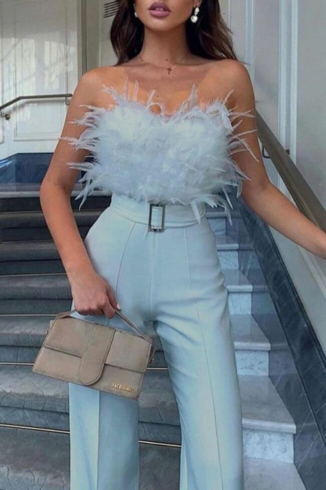 Sexy Solid Split Joint Feathers With Belt Strapless Straight Jumpsuits(Contain The Belt)