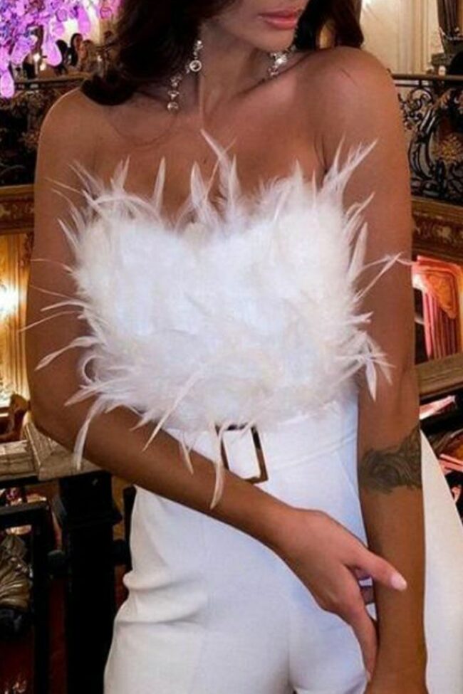 Sexy Solid Split Joint Feathers With Belt Strapless Straight Jumpsuits(Contain The Belt)