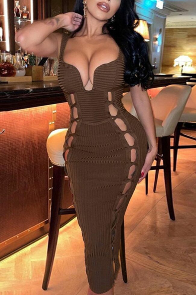Sexy Solid Hollowed Out Split Joint Backless V Neck Sling Dress