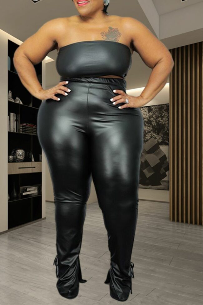 Sexy Solid Split Joint Strapless Plus Size Two Pieces