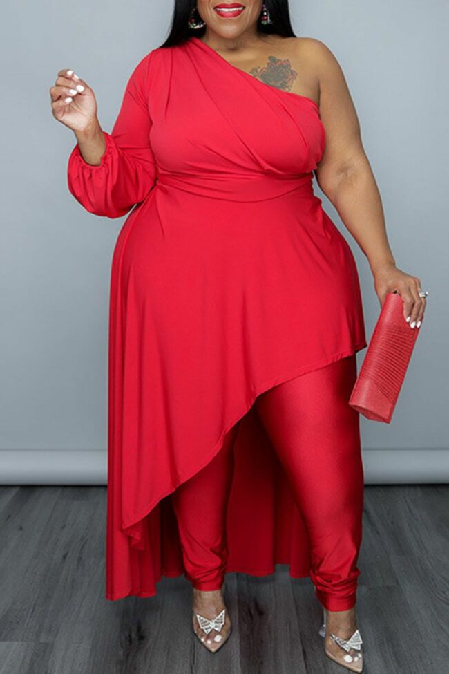 Sexy Casual Solid Split Joint Asymmetrical Oblique Collar Plus Size Two Pieces