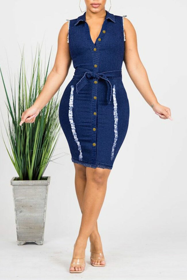 Casual Solid Split Joint Buckle Turndown Collar Plus Size Dresses