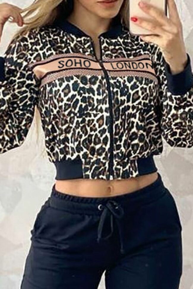 Casual Print Split Joint Zipper Long Sleeve Two Pieces
