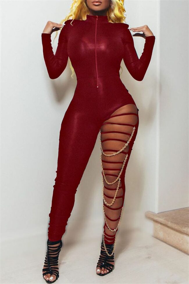 Fashion Sexy Solid Ripped Split Joint Chains Zipper Collar Skinny Jumpsuits