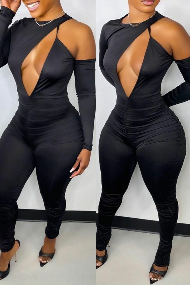 Sexy Casual Solid Hollowed Out O Neck Skinny Jumpsuits