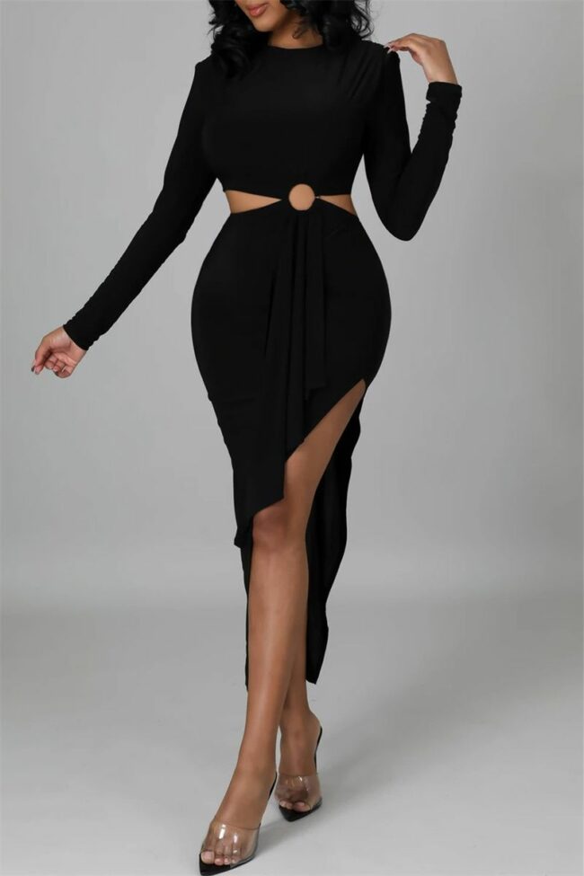 Fashion Casual Solid Hollowed Out O Neck Long Sleeve Irregular Dress