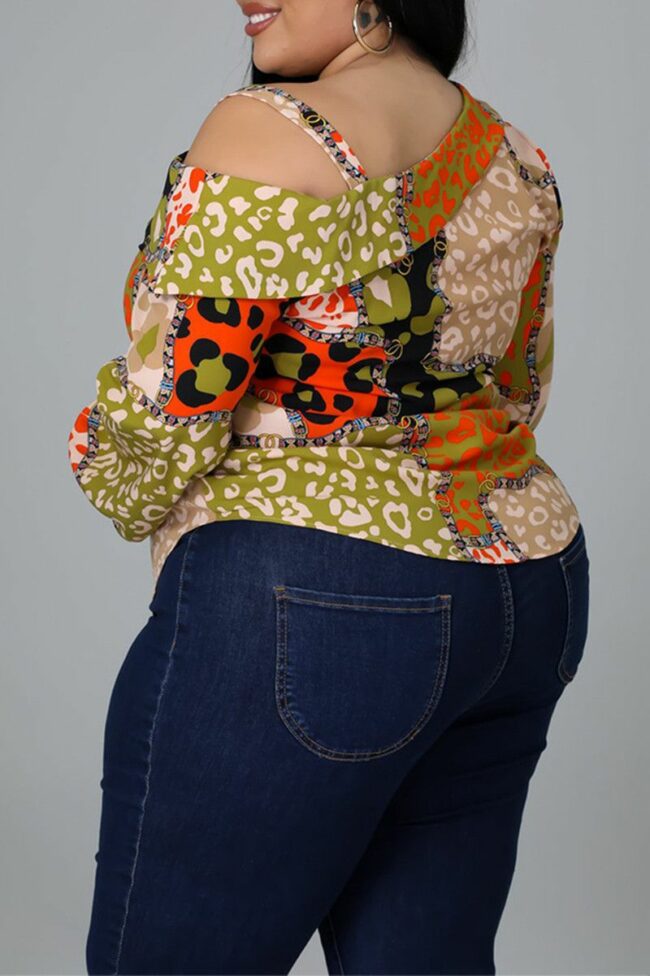 Fashion Casual Print Hollowed Out Oblique Collar Plus Size Tops