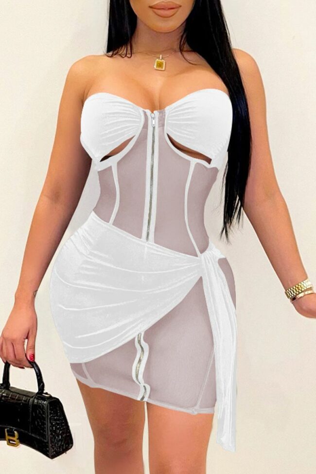 Fashion Sexy Patchwork Hollowed Out See-through Strapless Sleeveless Two Pieces
