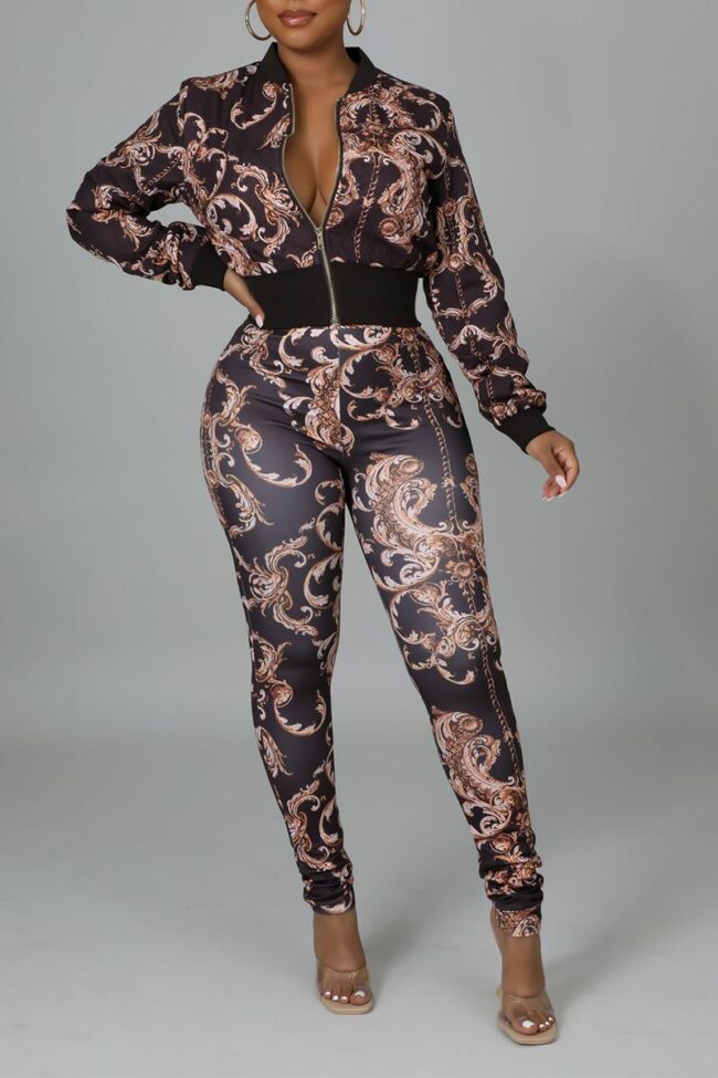 Sexy Print Split Joint Zipper Collar Long Sleeve Two Pieces