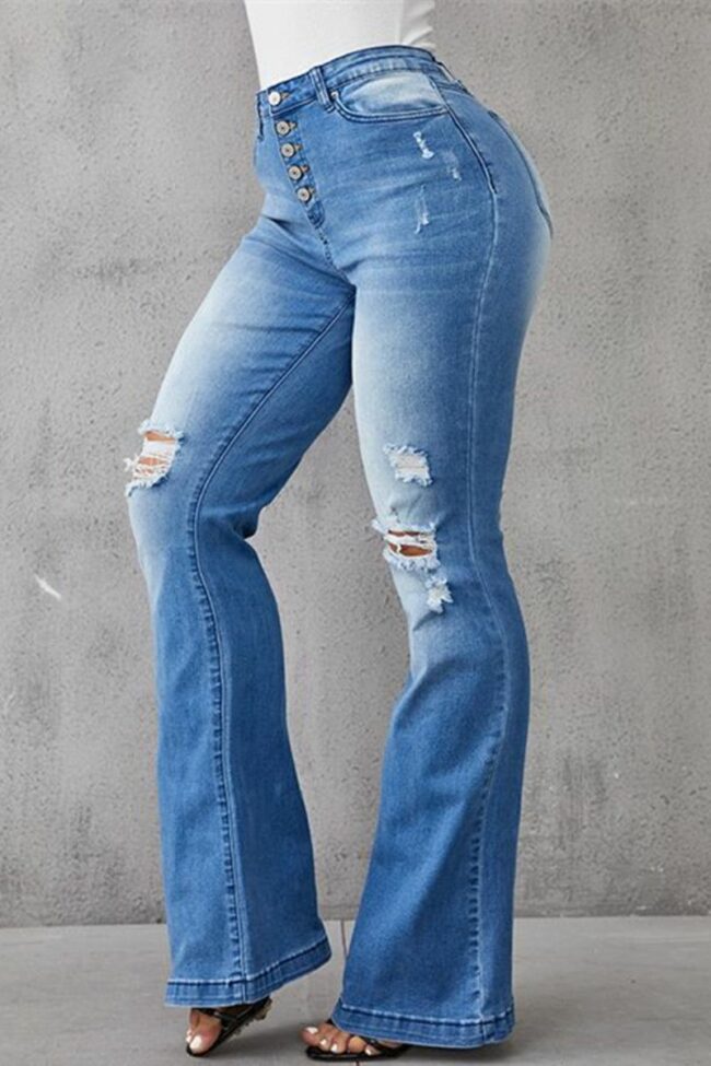 Fashion Casual Solid Ripped Buckle High Waist Regular Denim Jeans
