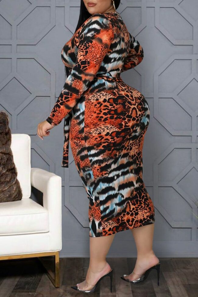 Sexy Print Split Joint O Neck One Step Skirt Plus Size Dresses