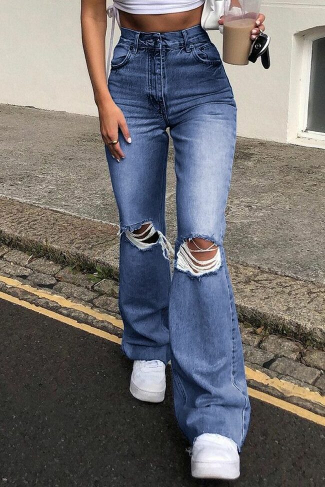Fashion Casual Solid Ripped High Waist Straight Jeans