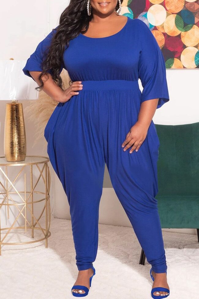 Casual Solid Split Joint Fold O Neck Plus Size Jumpsuits