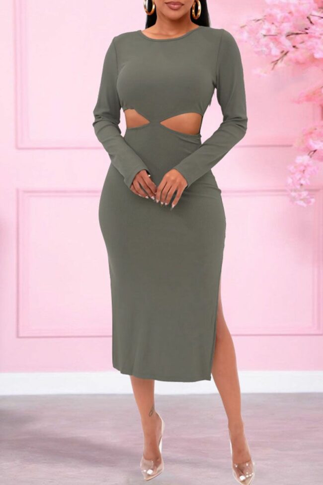 Sexy Solid Bandage Hollowed Out Split Joint Backless O Neck Straight Dresses