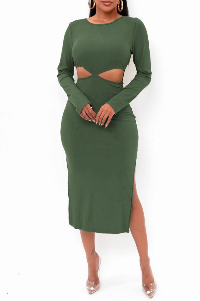 Sexy Solid Bandage Hollowed Out Split Joint Backless O Neck Straight Dresses
