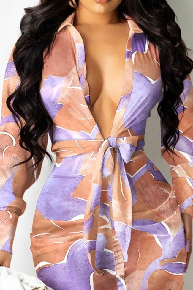 Sexy Solid Bandage Split Joint V Neck Shirt Dress Dresses