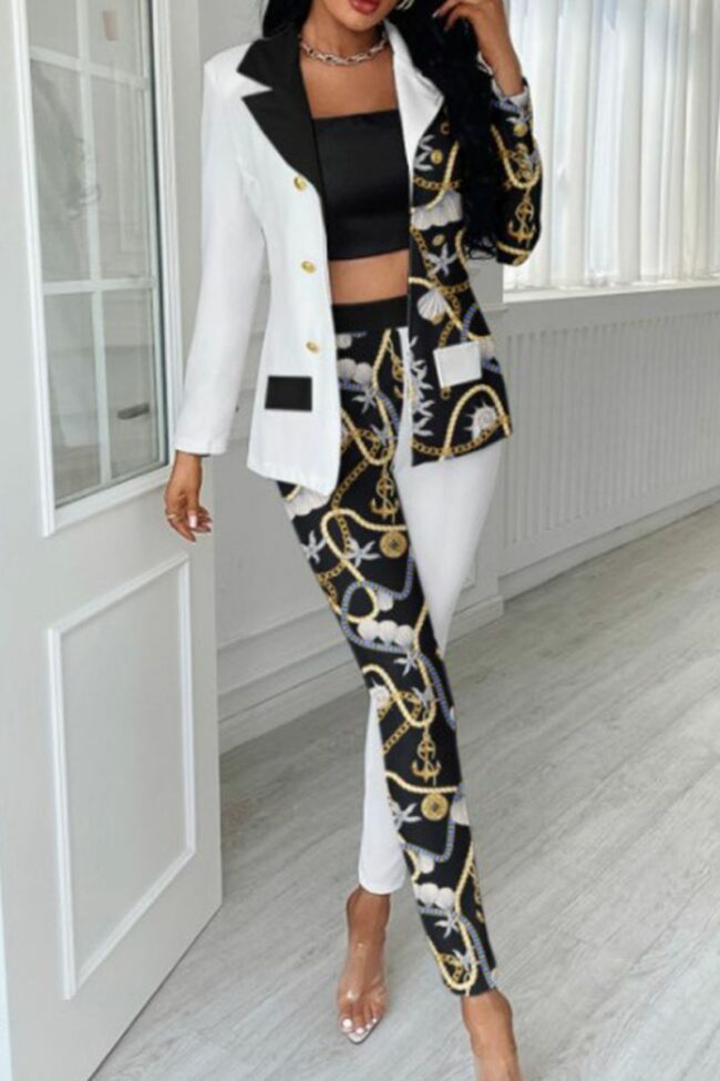 Fashion Casual Print Cardigan Pants Turndown Collar Long Sleeve Two Pieces