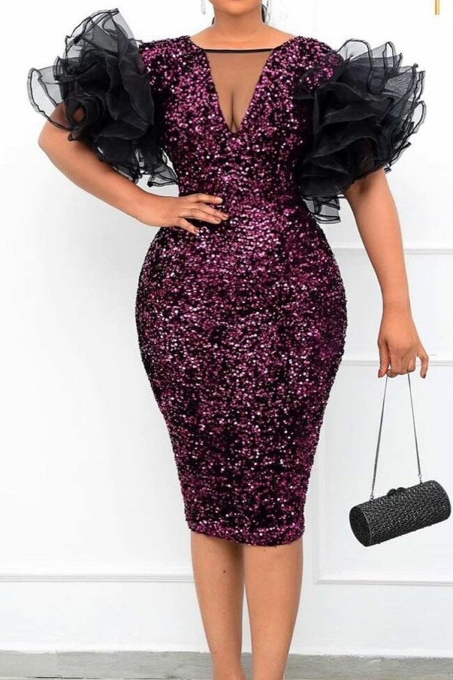 Sexy Solid Sequins Split Joint O Neck One Step Skirt Dresses