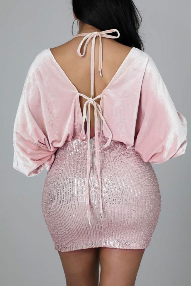 Sexy Solid Bandage Sequins Split Joint V Neck One Step Skirt Dresses