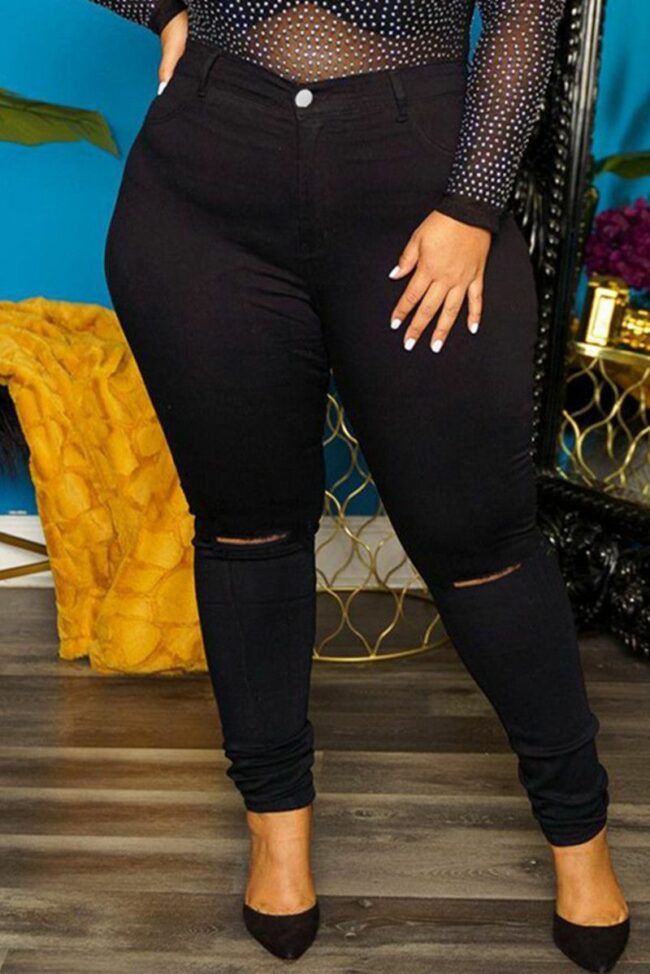 Fashion Casual Solid Ripped Plus Size Jeans