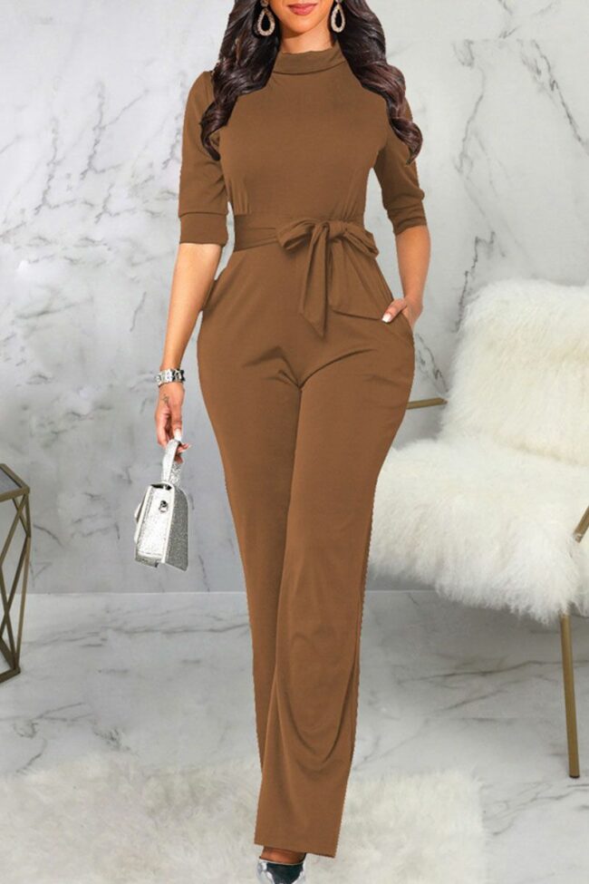 Casual Solid Split Joint With Belt Half A Turtleneck Straight Jumpsuits