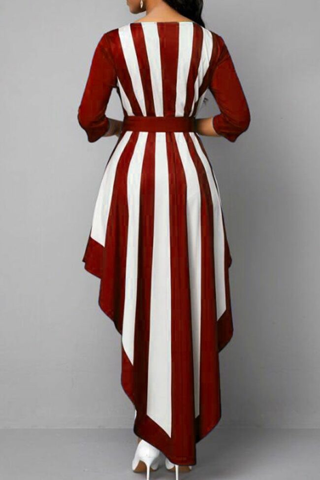 Casual Striped Print Split Joint Asymmetrical V Neck Long Sleeve Dresses