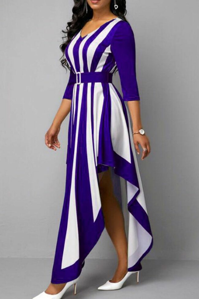 Casual Striped Print Split Joint Asymmetrical V Neck Long Sleeve Dresses