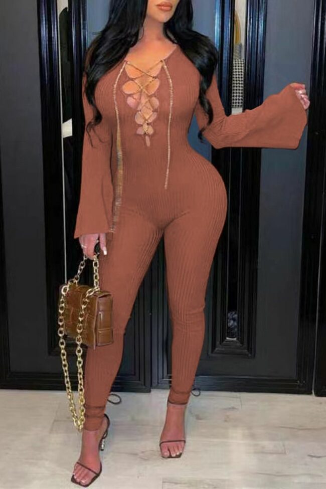 Sexy Solid Hollowed Out V Neck Boot Cut Jumpsuits