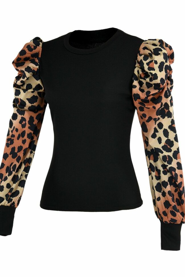 Fashion Casual Print Leopard Split Joint O Neck Tops