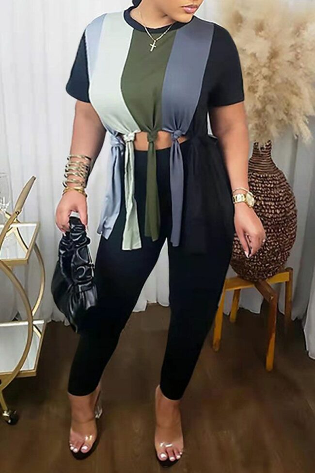 Casual Striped Tassel Split Joint Slit O Neck Plus Size Two Pieces