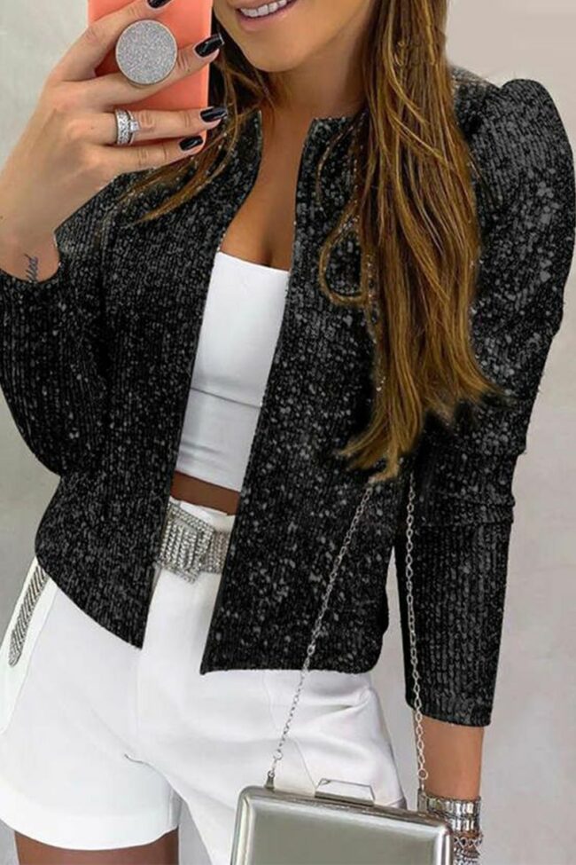 Fashion Solid Sequins Split Joint O Neck Outerwear