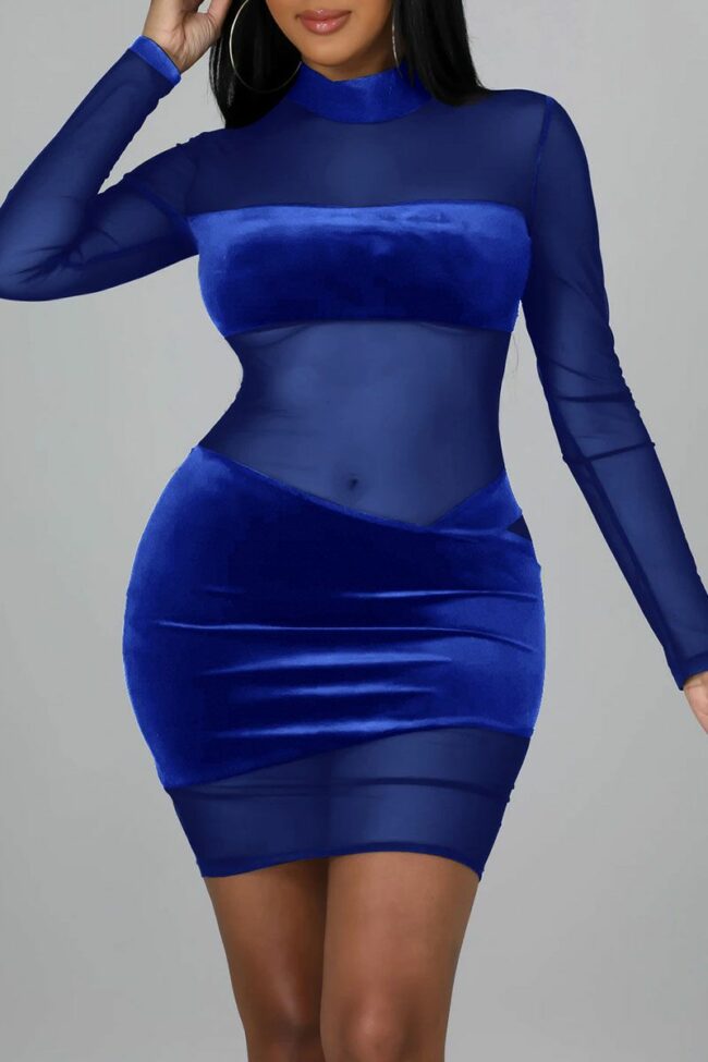 Sexy Solid Split Joint See-through Mesh Half A Turtleneck One Step Skirt Dresses