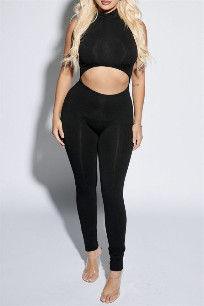 Sexy Casual Solid Hollowed Out Half A Turtleneck Skinny Jumpsuits