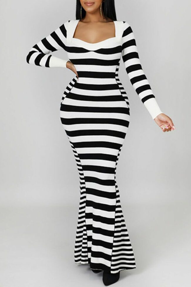 Casual Striped Print Split Joint Square Collar Long Sleeve Dresses