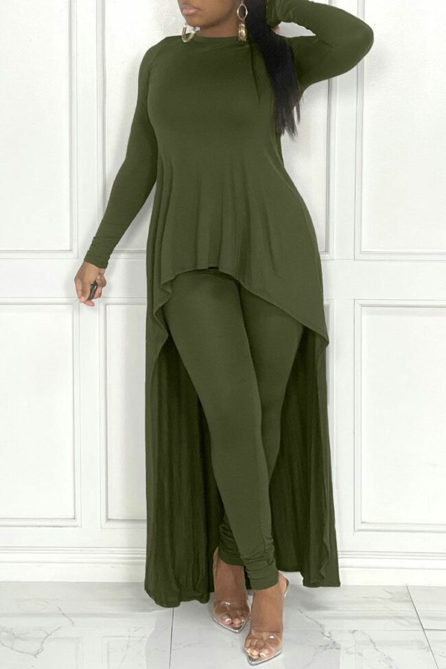 Casual Solid Split Joint Asymmetrical O Neck Long Sleeve Two Pieces