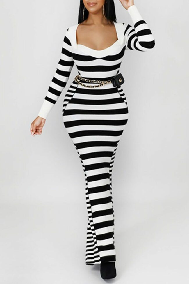 Casual Striped Print Split Joint Square Collar Long Sleeve Dresses