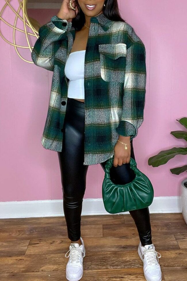 Casual Plaid Print Split Joint Buckle Tops