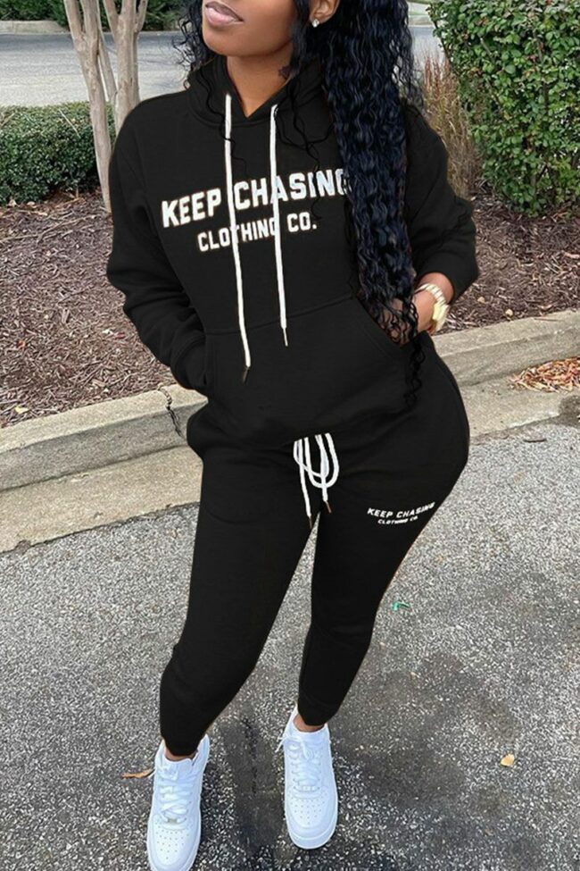 Casual Print Split Joint Hooded Collar Long Sleeve Two Pieces