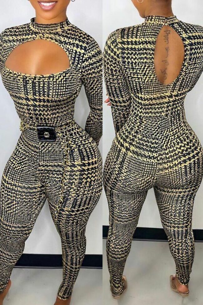 Fashion Casual Print Hollowed Out Split Joint Turtleneck Regular Jumpsuits