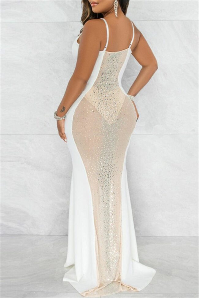 Sexy Patchwork Hot Drilling See-through Backless V Neck Evening Dress