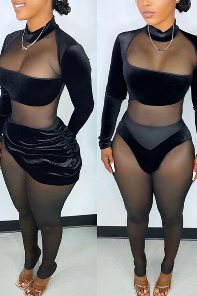 Sexy Solid Bandage Split Joint See-through Fold Asymmetrical Long Sleeve Two Pieces