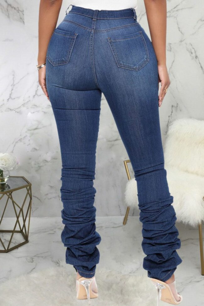Casual Solid Split Joint Fold High Waist Regular Denim Jeans(Without Belt)