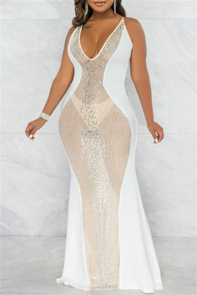Sexy Patchwork Hot Drilling See-through Backless V Neck Evening Dress