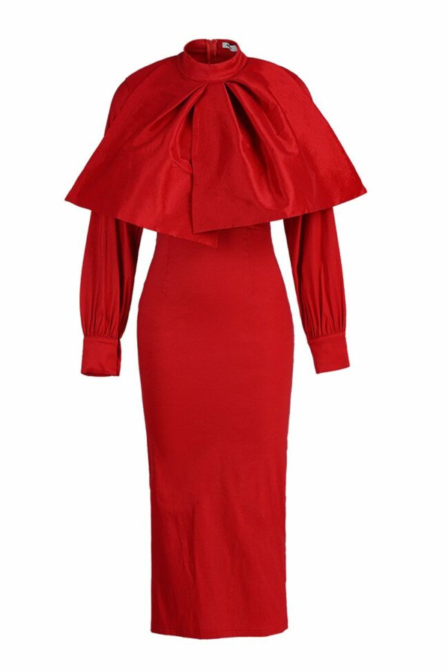 Elegant Solid Split Joint Fold With Bow Zipper Turtleneck Evening Dress Dresses